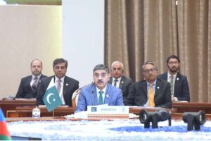 The Caretaker Prime Minister Anwaar-ul-Haq Kakar addresses the 16th ECO Summit. 