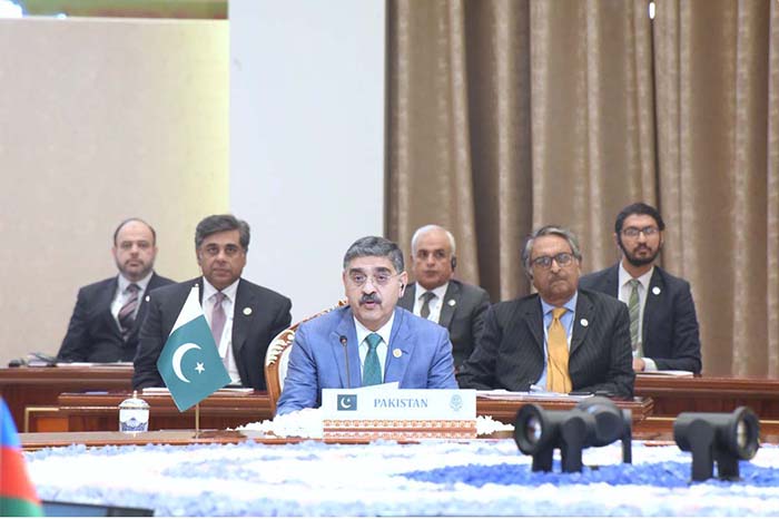 The Caretaker Prime Minister Anwaar-ul-Haq Kakar addresses the 16th ECO Summit.