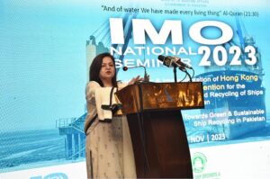 Special Assistant to PM on Maritime Affairs Vice Admiral (retired) Mr. Iftikhar Rao briefing about IMO Workshop under Integrated Technical Cooperation Program for Implementation of Hong Kong Convention, Pakistan, 2023 at Avari Towers