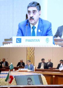The Caretaker Prime Minister Anwaar-ul-Haq Kakar addresses the 16th ECO Summit.