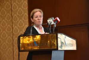 Special Assistant to PM on Maritime Affairs Vice Admiral (retired) Mr. Iftikhar Rao briefing about IMO Workshop under Integrated Technical Cooperation Program for Implementation of Hong Kong Convention, Pakistan, 2023 at Avari Towers