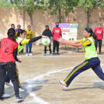 A view of netball match played between County Cambridge High School and Government Girls High School Latifabad teams during PNF Netball Cup 2023 at Shah Latif Girls College