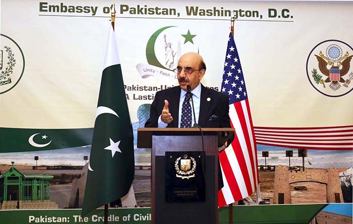Ambassador Masood Khan addressing a special ceremony to commemorate Iqbal Day, during the photo exhibition organized by the Embassy of Pakistan in collaboration with International Academy of Letters USA, Sadequain Foundation USA and Sadequain Gallery of Chicago