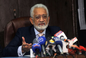 Caretaker Minister for Health Punjab, Prof. Javed Akram addressing a press conference at Pak Italian Burn Centre.