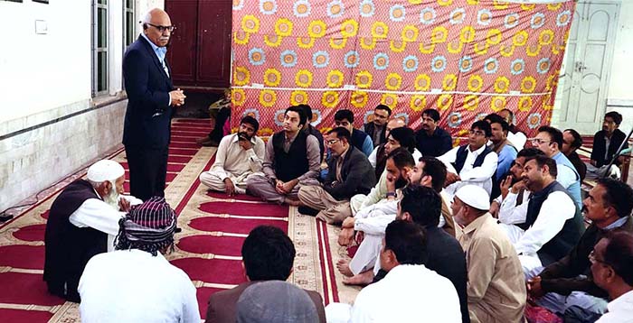 Chairperson Benazir Income Support Program (BISP), Dr. Muhammad Amjad Saqib addressing a gathering of BISP staff at Jamia Masjid Qasim ul Aloom