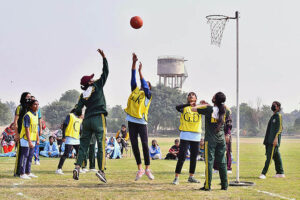A view of netball match played between Bannu Board and Faisalabad Board teams during All Pakistan Inter-Board Girls Netball Championship 2023-24 at BISE Ground.