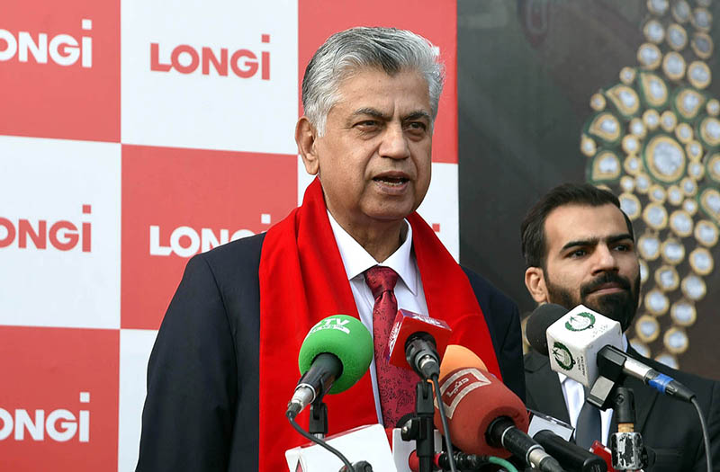 Caretaker Federal Minister for Information and Broadcasting Murtaza Solangi addressing to media on opening ceremony of Longi Solar's at Gulberg
