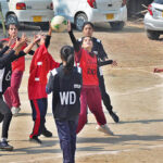 A view of netball match played between Pigged Memorial Girls Higher Secondary School and Government Girls High School Latifabad teams during PNF Netball Cup 2023 at Shah Latif Girls College.