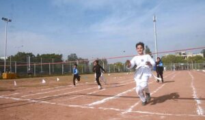 Students participate in tableau during the opening session of Annual Sports Day 2023 of Islamabad Grammer School at Multipurpose Ground G-11/3