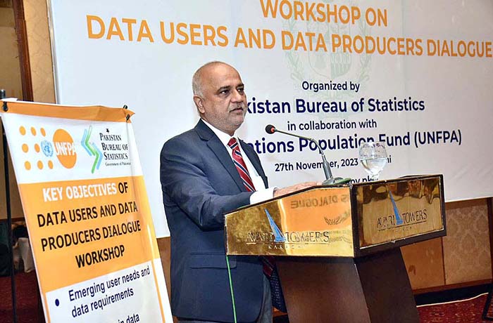 Chief Statistician Pakistan Bureau of Statistics Dr. Naeem-uz-Zafar addressing a workshop on data users and data producers dialogue organized by Pakistan Bureau of Statistics in collaboration with United Nations Population Funds (UNFPA).