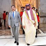 First Deputy Prime Minister and Minister for Interior Kuwait, Sheikh Talal Al-Khaled Al-Ahmad Al-Sabah receiving Caretaker Prime Minister Anwaar-ul-Haq Kakar upon his arrival at Bayan Palace.