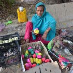 A woman vendor displaying the chicks to attract the customers outside road at Latifabad.