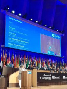 Federal Minister for Education & Professional Training Mr. Madad Ali Sindhi presenting Pakistan's perspective at High Level Debate of 42nd UNESCO General Conference.