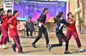 A view of netball match played between Pigged Memorial Girls Higher Secondary School and Government Girls High School Latifabad teams during PNF Netball Cup 2023 at Shah Latif Girls College.