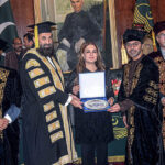 Namira Salim, First Pakistani Astronaut being presented a shield by the Institute of Art and Culture (IAC) in the presence of Mr. Baleegh ur Rahman Governor Punjab, H.E. Dr. Hamad Obaid Ibrahim Salem Al Zaabi, Ambassador of the UAE to Pakistan and Mr. Muhammad Faisal Janjua, Chancellor of IAC