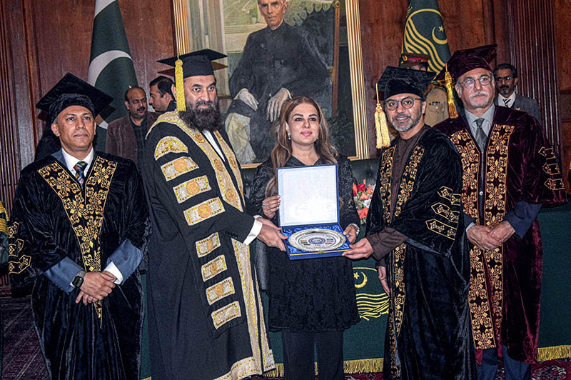 Namira Salim, First Pakistani Astronaut being presented a shield by the Institute of Art and Culture (IAC) in the presence of Mr. Baleegh ur Rahman Governor Punjab, H.E. Dr. Hamad Obaid Ibrahim Salem Al Zaabi, Ambassador of the UAE to Pakistan and Mr. Muhammad Faisal Janjua, Chancellor of IAC