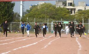 Students participate in tableau during the opening session of Annual Sports Day 2023 of Islamabad Grammer School at Multipurpose Ground G-11/3