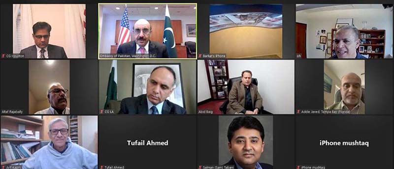 Ambassador Masood Khan held a virtual meeting with the representatives of Pakistan Information and Cultural Organization (PICO) Arizona, Pakistan Society of North Texas (PSNT) and Pakistani American Association, Tampa Bay, Florida. Consul General Los Angeles Asim Ali Khan and CG Houston Aftab Ahmed Chaudhry were also present in the meeting