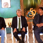 Caretaker Federal Minister for Information and Broadcasting, Murtaza Solangi along with Caretaker CM Punjab Mohsin Raza Naqvi sitting on the stage during a program related to 59th Anniversary of PTV Lahore Center.