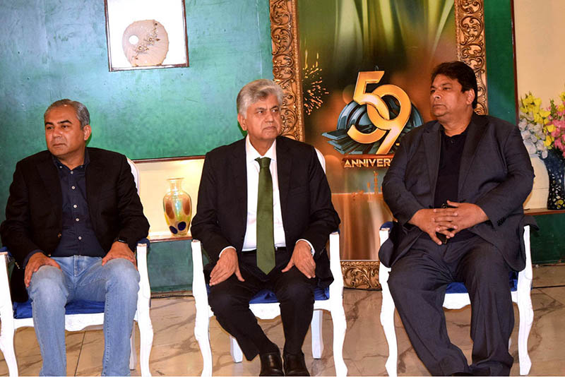 Caretaker Federal Minister for Information and Broadcasting, Murtaza Solangi along with Caretaker CM Punjab Mohsin Raza Naqvi sitting on the stage during a program related to 59th Anniversary of PTV Lahore Center.