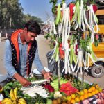 A vendor arranging and displaying salad on his cart to attract the customers