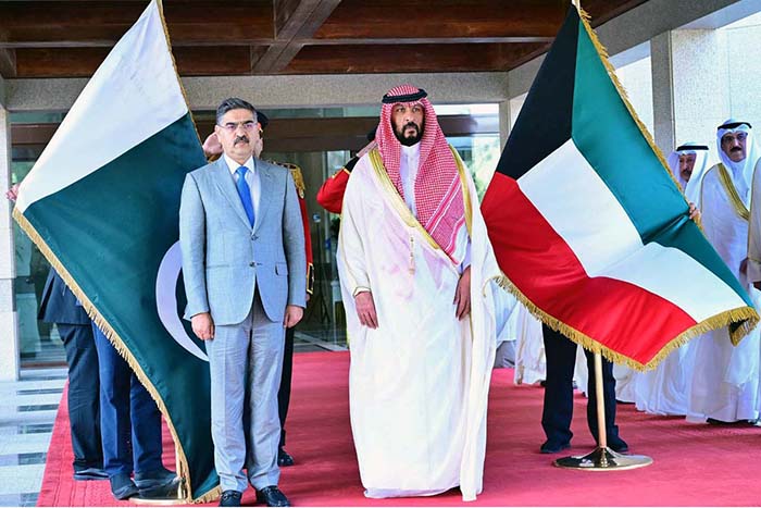 First Deputy Prime Minister and Minister for Interior Kuwait, Sheikh Talal Al-Khaled Al-Ahmad Al-Sabah receiving Caretaker Prime Minister Anwaar-ul-Haq Kakar upon his arrival at Bayan Palace.