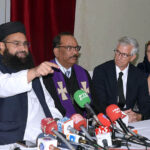 Maluana Tahir Mehmood Ashrafi Head of Pakistan Ullema Council talking to media at Nolakha Presbyterian Church
