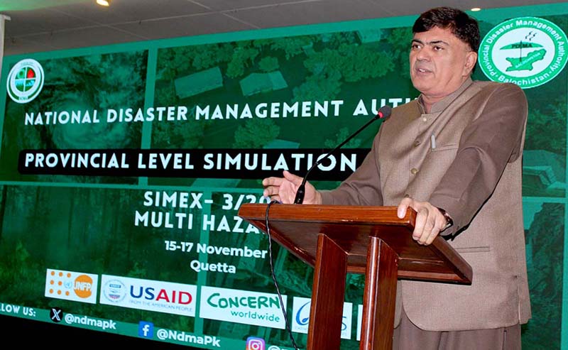 Balochistan Caretaker Minister for Education and Tourism Qadir Bakhsh Baloch addressing the participants of Provincial Level Simulation Exercise, organized by NDMA