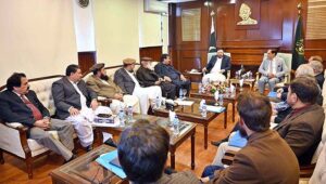 Chief Minister Gilgit-Baltistan Haji Gul Bar Khan is presiding over the important meeting regarding Diamer Bhasha Dam Chairman WAPDA Lt-General (r) Sajjad Ghani provisional Minister and other Officers also present