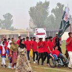 Students are participating in March past during special Education sports Gala at sports Gymnasium