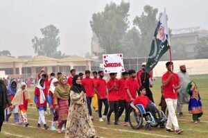 Students are participating in March past during special Education sports Gala at sports Gymnasium