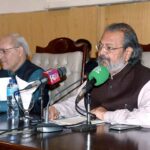 Imdad Ali Sindhi of Federal Education and Professional Training addressing at Punjab University office.