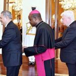 The Ambassador-designate of Jordan, Dr Maen A.M. Khreasat, Ambassador-designate of Holy See, Archbishop Germano Penemote Apostolic Nuncio, Ambassador-designate of Czech Republic, Mr Ladislav Steinhubel, the High Commissioner-designate of Brunei Darussalam, Colonel (r) Pengiran Haji Kamal Bashah bin Pengiran Haji Ahmad, and the Ambassador-designate of Qatar to Pakistan, Ali Mubarak A.E. Al-Khater, presenting their diplomatic credentials to President Dr Arif Alvi, at Aiwan-e-Sadr