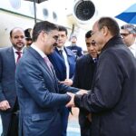 Caretaker Prime Minister Anwaar-ul-Haq Kakar is being received by Prime Minister of Uzbekistan Mr. Abdulla Nigmatovich Aripov upon his arrival in Uzbekistan to attend 16th ECO Summit.