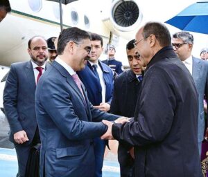 Caretaker Prime Minister Anwaar-ul-Haq Kakar is being received by Prime Minister of Uzbekistan Mr. Abdulla Nigmatovich Aripov upon his arrival in Uzbekistan to attend 16th ECO Summit. 