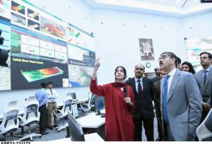 Caretaker Prime Minister Anwaar-ul-Haq Kakar interacting with team members and officers during his visit to National Emergency Operation Centre