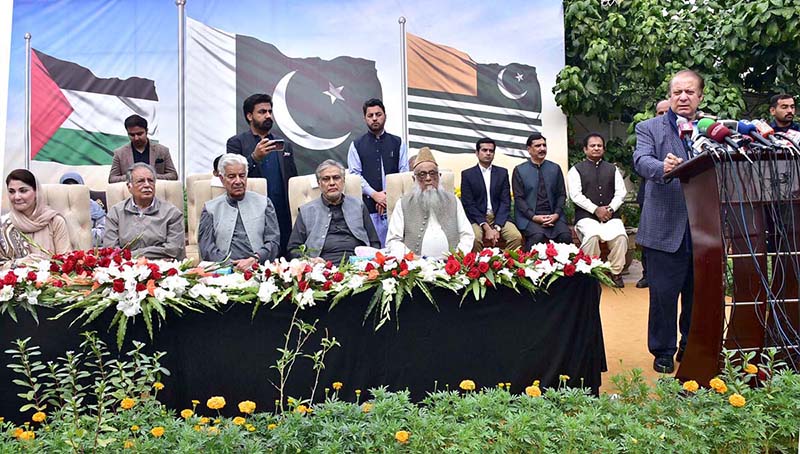 Former Prime Minister of Pakistan Mian Muhammad Nawaz Sharif is addressing the workers convention at the residence of Khawaja Muhammad Asif