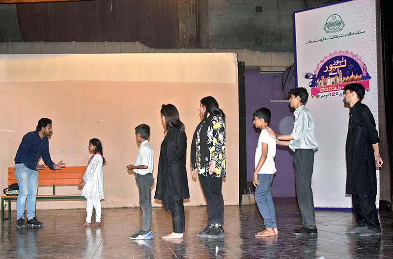 Children performing a drama titled "Diya Jalaye Rakhna" at Al-Hamra Arts Council