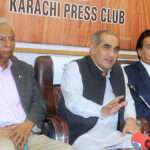 Former Federal Minister and PML-N leader Khawaja Saad Rafiq addressing a press conference at the Karachi Press Club