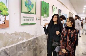 Visitor capturing the moments through cell phone during “Jashan-e-Maholiat” Art paintings for Environment Exhibition organized by Sindh Community Foundation (SCF) at Mehran Arts Council