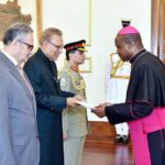 The Ambassador-designate of Holy See, Archbishop Germano Penemote Apostolic Nuncio, presenting his diplomatic credentials to President Dr Arif Alvi, at Aiwan-e-Sadr