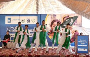 Special children's performing on national song during an event organized in connection with World Children Day at Special Education Complex Hayatabad