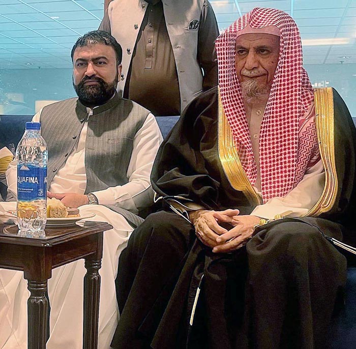 Caretaker Federal Minister for Interior Sarfraz Ahmed Bugti receiving Imam-e-Kaaba Saleh Bin Abdullah Bin Humaid
