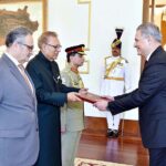 The Ambassador-designate of Jordan, Dr Maen A.M. Khreasat, presenting his diplomatic credentials to President Dr Arif Alvi, at Aiwan-e-Sadr