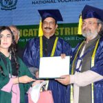 Caretaker Minister for Federal Education and Professional Training, Madad Ali Sindhi giving certificate to student during certificates distribution ceremony of Prime Minister Youth Skill Development Program Batch 04 NAVTTC at Sindh Museum