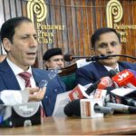 Caretaker Chief Minister Khyber Pakhtunkhwa Justice (R) Syed Arshad Hussain Shah addressing during the inaugural ceremony of solar system and renovation work of Press Club