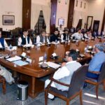 Caretaker Sindh Chief Minister Justice (Rtd) Maqbool Baqar presides over a meeting regarding the beautification of Shahrah-e-Faisal at CM House.