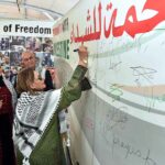 First Lady Begum Samina Alvi visiting the Palestinian stall and expressing her condolences for the martyrs of Gaza, at Pakistan Foreign Office Women's Association's Annual Charity Bazar.