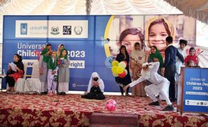 Special children's performing on national song during an event organized in connection with World Children Day at Special Education Complex Hayatabad