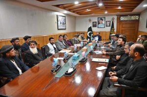 Chief Minister Gilgit-Baltistan Haji Gulbar Khan Chairing over the high level meeting regarding the purchase of Land for the Dasu Dam and hearing the effecties problems